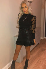 Black Polka Dot Puff Sleeve Ribbed Top - Irisa-Tops