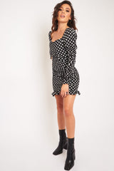 Black Polka Dot Ruched Milkmaid Dress - Neave-Dresses