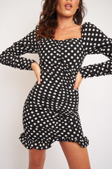 Black Polka Dot Ruched Milkmaid Dress - Neave-Dresses