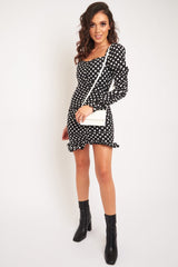 Black Polka Dot Ruched Milkmaid Dress - Neave-Dresses