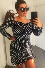 Black Polka Dot Ruched Milkmaid Dress - Neave-Dresses