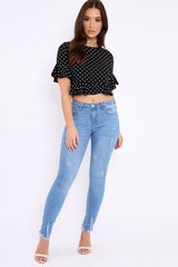 Black Polka Dot Ruffle Crop Top - Ivie-Crop Tops