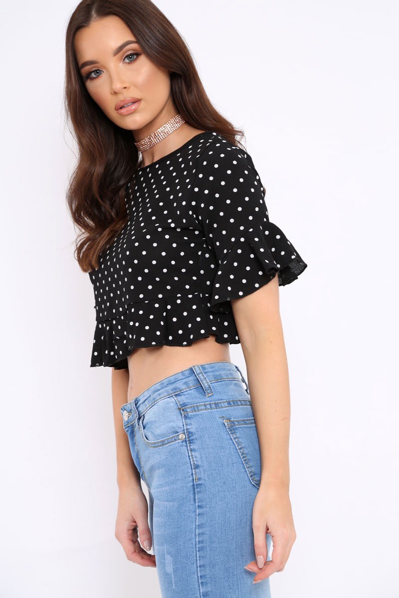 Black Polka Dot Ruffle Crop Top - Ivie-Crop Tops