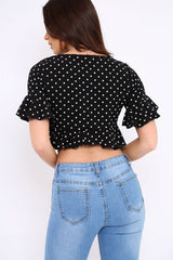 Black Polka Dot Ruffle Crop Top - Ivie-Crop Tops