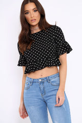 Black Polka Dot Ruffle Crop Top - Ivie-Crop Tops