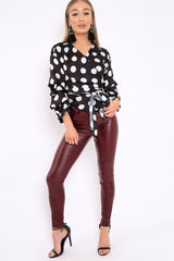 Black Polka Dot Satin Ruffle Sleeve Wrapover Top - Sindie-Tops