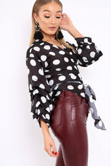 Black Polka Dot Satin Ruffle Sleeve Wrapover Top - Sindie-Tops