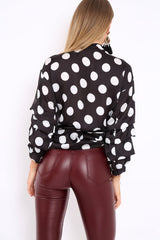 Black Polka Dot Satin Ruffle Sleeve Wrapover Top - Sindie-Tops
