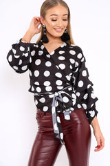 Black Polka Dot Satin Ruffle Sleeve Wrapover Top - Sindie-Tops