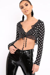 Black Polka Dot Tie Front Frill Top - Adanya-Tops