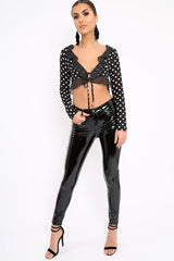 Black Polka Dot Tie Front Frill Top - Adanya-Tops