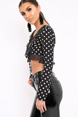 Black Polka Dot Tie Front Frill Top - Adanya-Tops