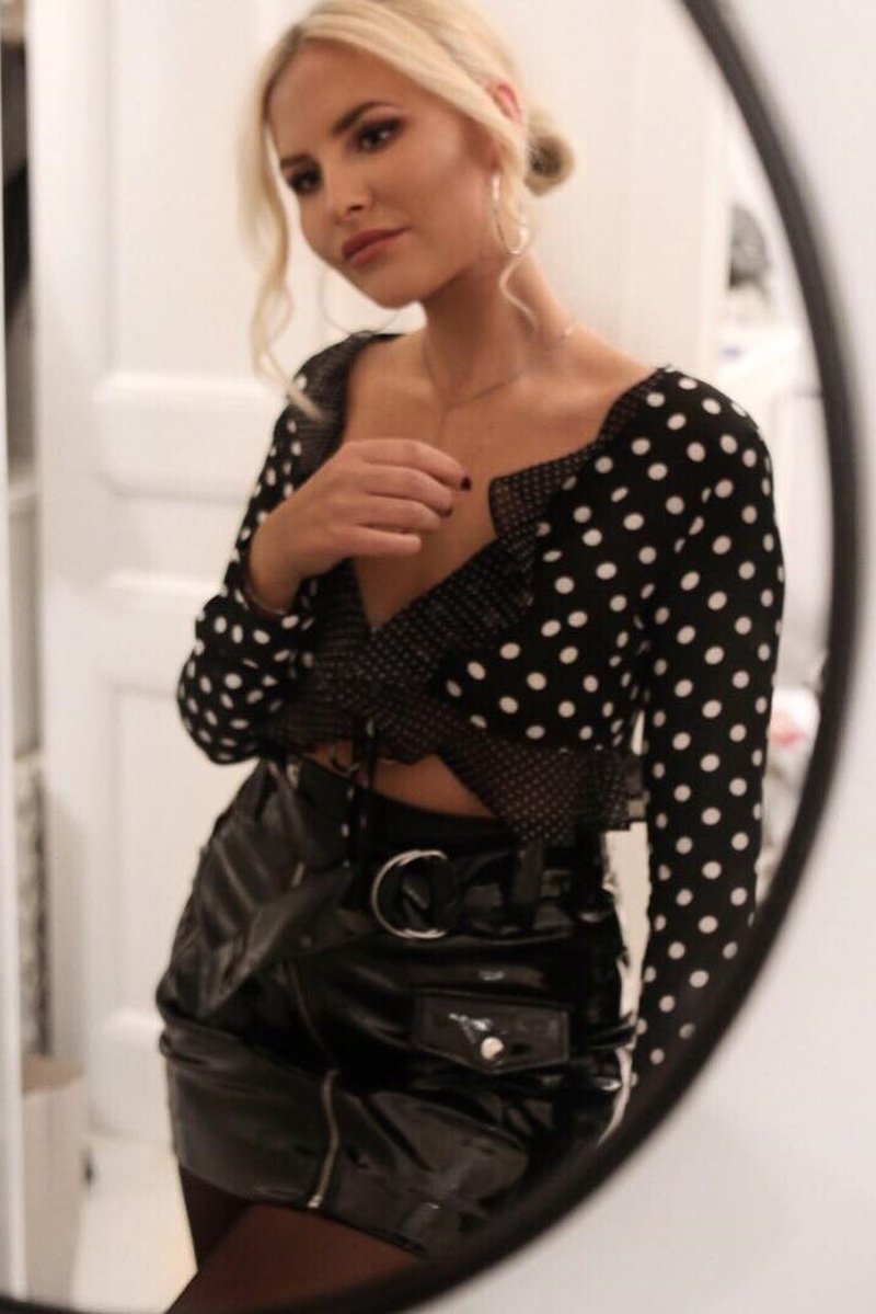 Black Polka Dot Tie Front Frill Top - Adanya-Tops