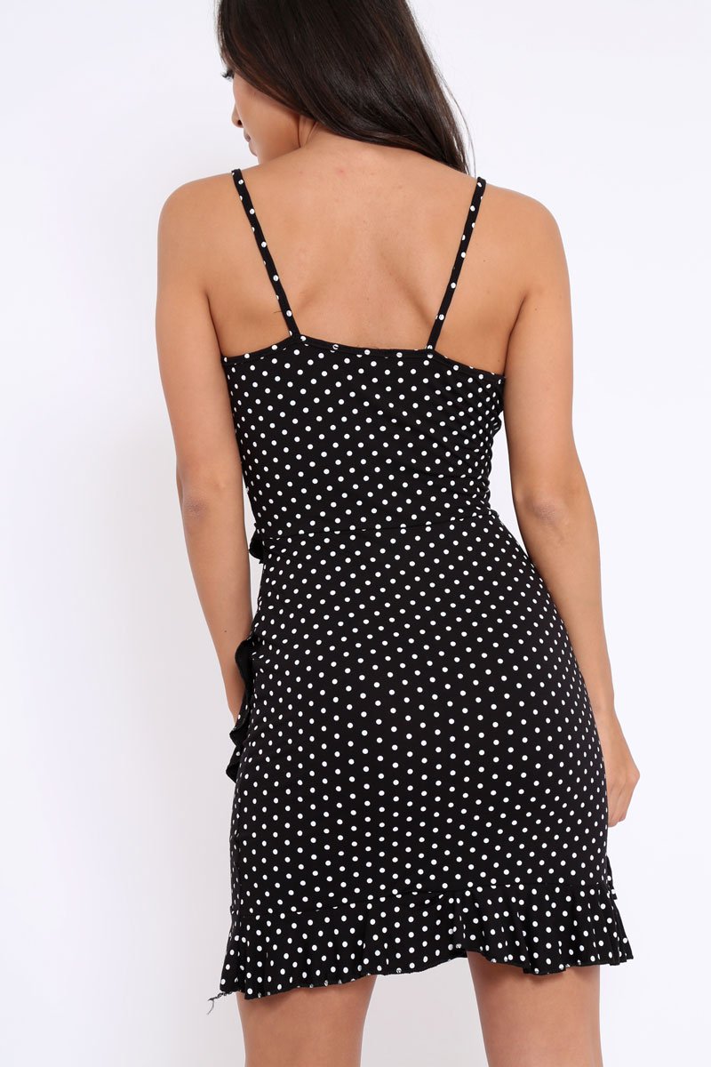 Black Polka Dot Wrap Dress with Frills - Beth-Dresses