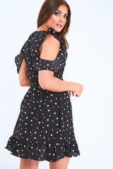 Black Polka Dot Wrap Over Frill Dress - Wisdom-Dresses