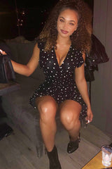 Black Polka Dot Wrap Over Frill Dress - Wisdom-Dresses