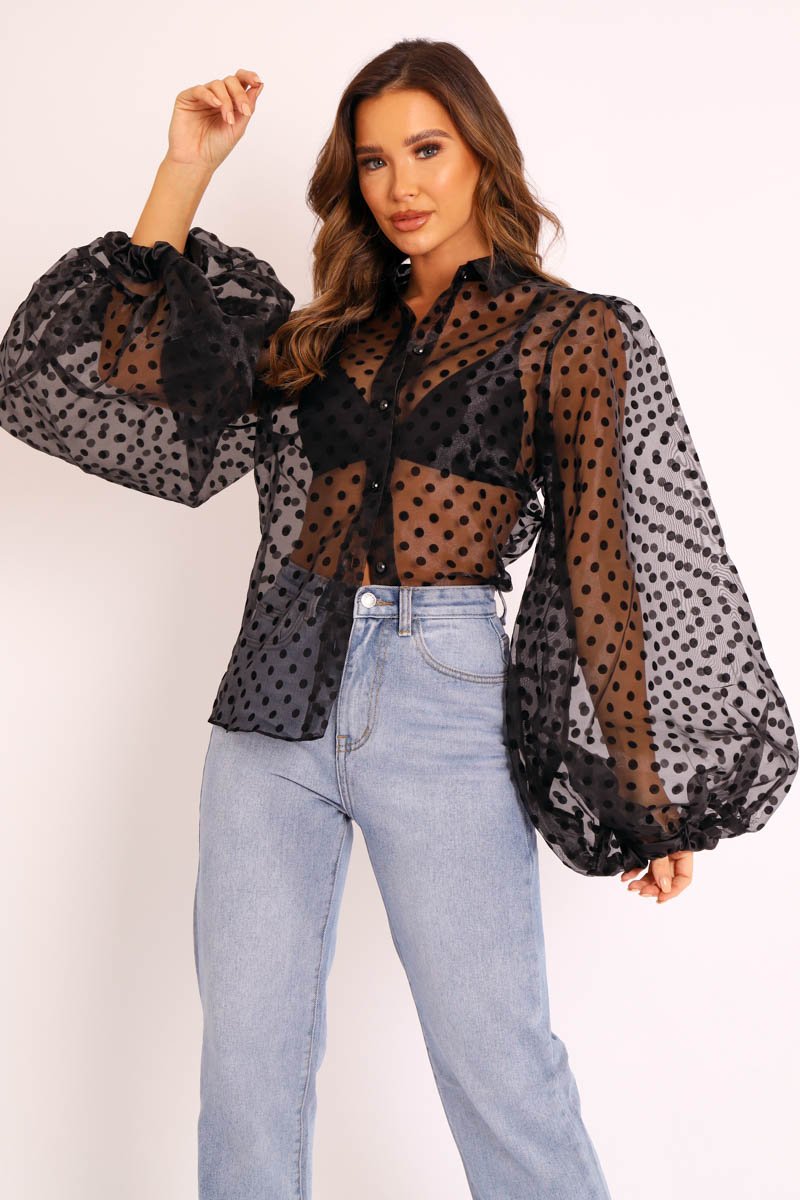 Black Polka Mesh Extreme Bell Sleeve Shirt - Everli-Shirts
