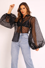 Black Polka Mesh Extreme Bell Sleeve Shirt - Everli-Shirts