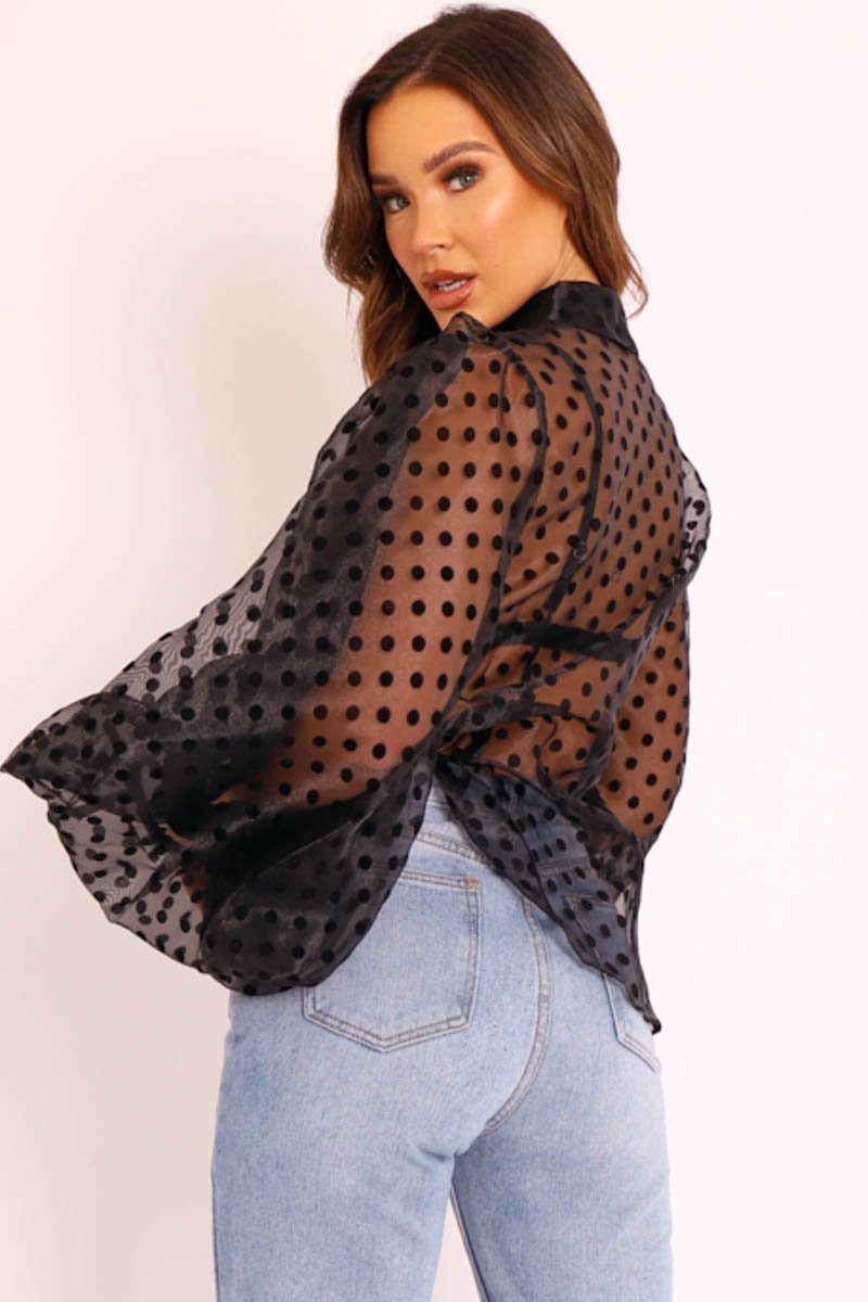 Black Polka Mesh Extreme Bell Sleeve Shirt - Everli-Shirts