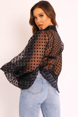 Black Polka Mesh Extreme Bell Sleeve Shirt - Everli-Shirts