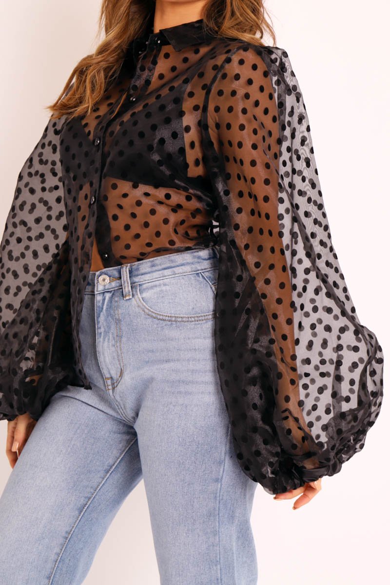 Black Polka Mesh Extreme Bell Sleeve Shirt - Everli-Shirts