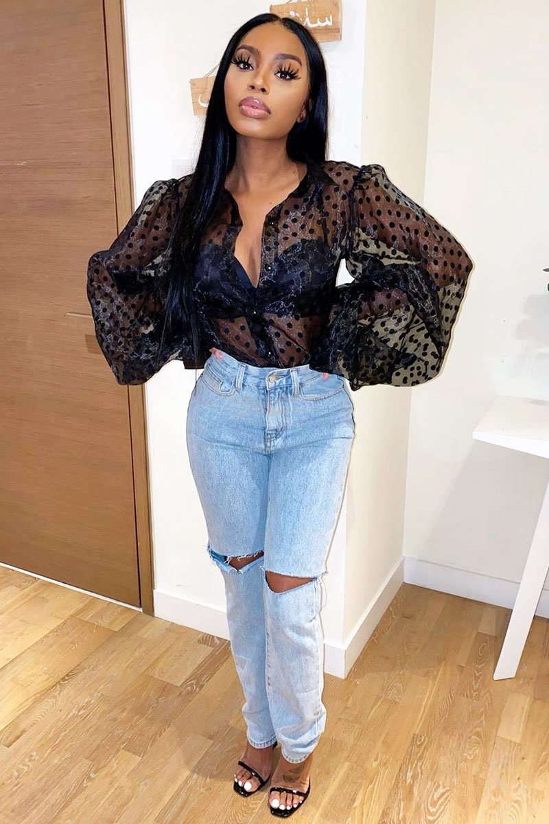 Black Polka Mesh Extreme Bell Sleeve Shirt - Everli-Shirts