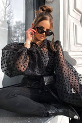 Black Polka Mesh Extreme Bell Sleeve Shirt - Everli-Shirts