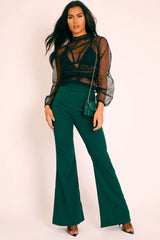 Black Polka Mesh Long Sleeve High Neck Blouse - Gyselle-Tops