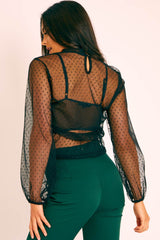 Black Polka Mesh Long Sleeve High Neck Blouse - Gyselle-Tops