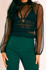 Black Polka Mesh Long Sleeve High Neck Blouse - Gyselle-Tops