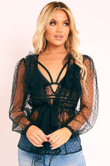 Black Polka Mesh Long Sleeve Ruffle Blouse - Lattie-Blouse