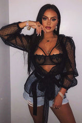 Black Polka Mesh Long Sleeve Ruffle Blouse - Lattie-Blouse