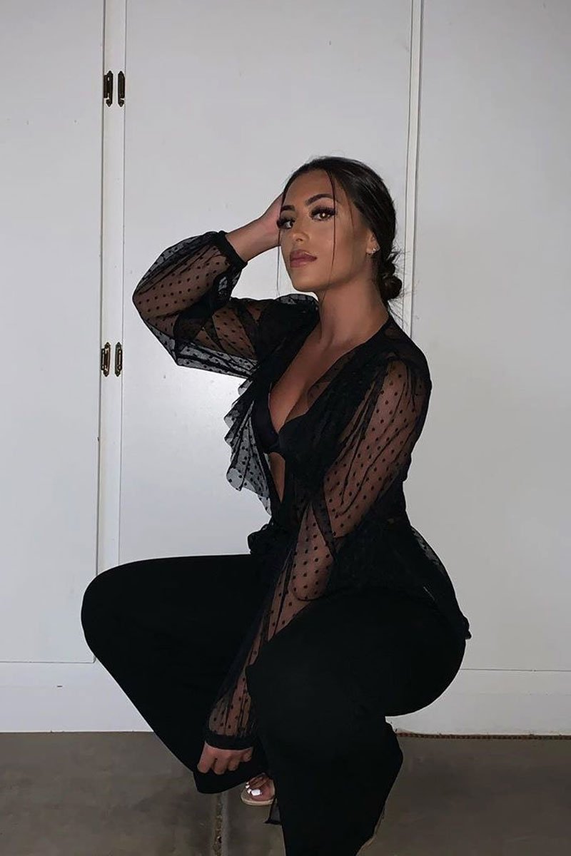 Black Polka Mesh Long Sleeve Ruffle Blouse - Lattie-Blouse
