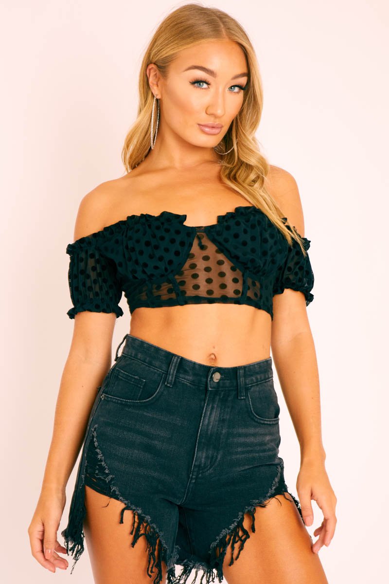 Black Polka Mesh Milkmaid Crop Top - Rosa-Crop Tops