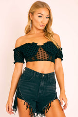 Black Polka Mesh Milkmaid Crop Top - Rosa-Crop Tops