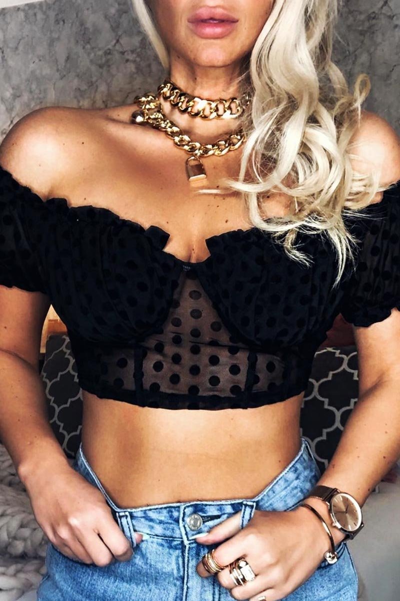 Black Polka Mesh Milkmaid Crop Top - Rosa-Crop Tops