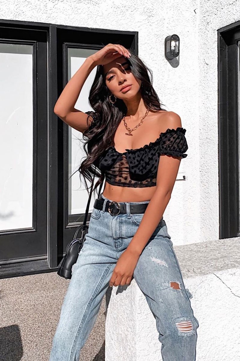 Black Polka Mesh Milkmaid Crop Top - Rosa-Crop Tops