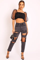 Black Polka Mesh Puff Sleeve Zip Back Crop Top - Aamina-Crop Tops