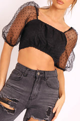Black Polka Mesh Puff Sleeve Zip Back Crop Top - Aamina-Crop Tops