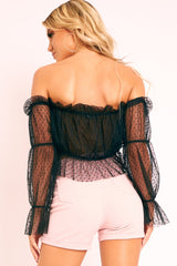 Black Polka Mesh Ruffle Bardot Crop Top - Aagna-Crop Tops