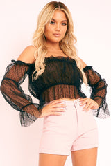 Black Polka Mesh Ruffle Bardot Crop Top - Aagna-Crop Tops