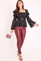 Black Polka Mesh Shirred Fabric Top - Evarose-Tops