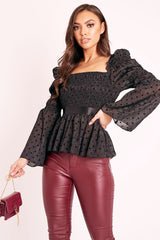 Black Polka Mesh Shirred Fabric Top - Evarose-Tops
