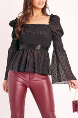 Black Polka Mesh Shirred Fabric Top - Evarose-Tops