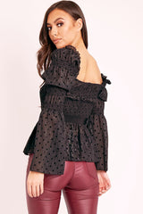 Black Polka Mesh Shirred Fabric Top - Evarose-Tops