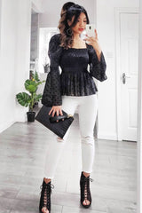 Black Polka Mesh Shirred Fabric Top - Evarose-Tops