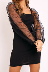 Black Polka Mesh Sleeve Ribbed Dress - Elah-Dresses