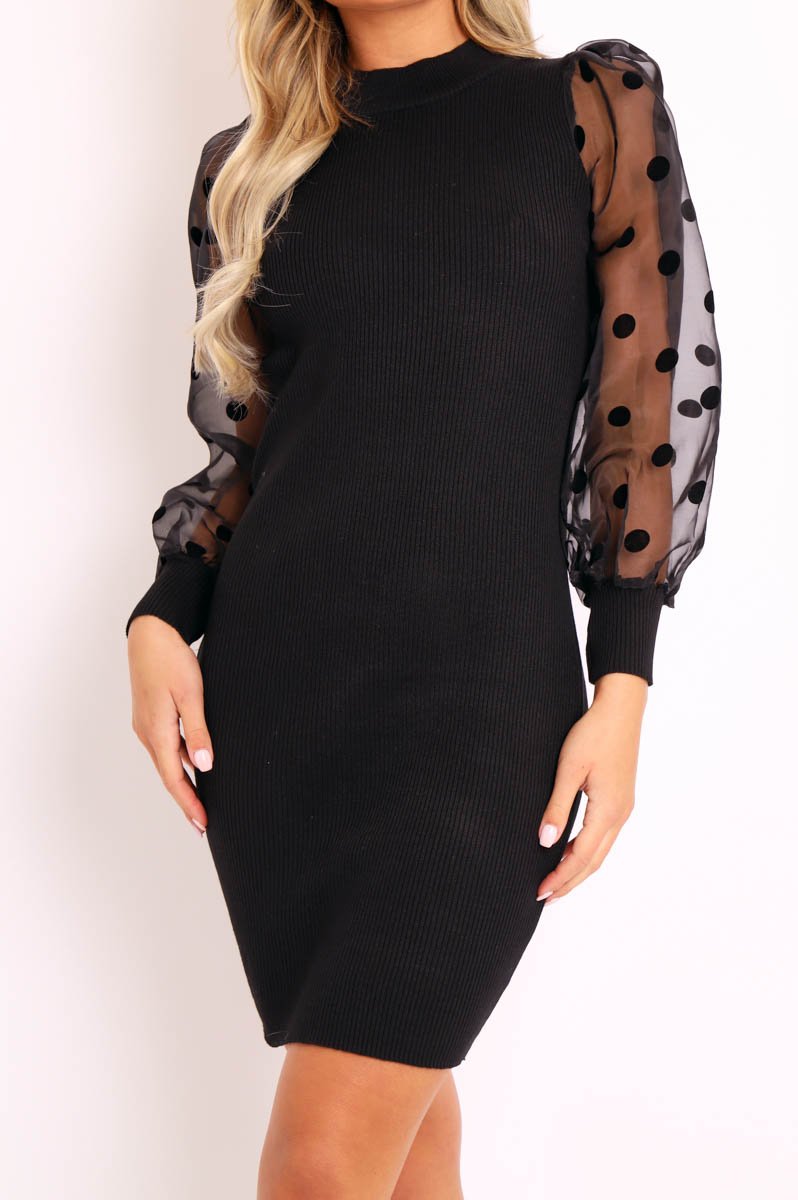 Black Polka Puff Sleeve Knit Ribbed Mini Dress - Amai-Dresses