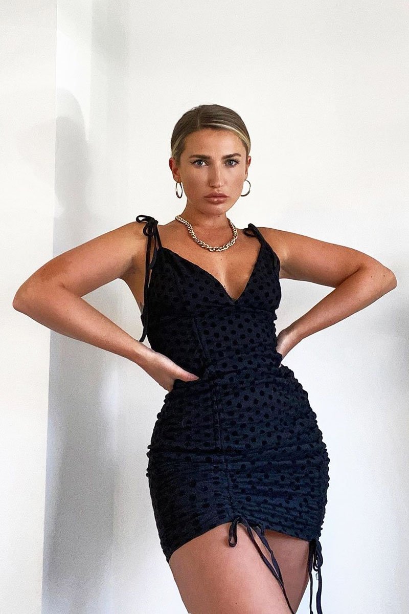 Black Polka Ruched Tie Bodycon Dress - Breta-Dresses