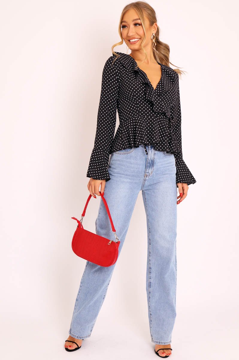 Black Polka Ruffle Wrap Blouse - Calynn-Blouse